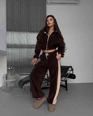Жіночий теплий повсякденний костюм із лампасами, двобічний фліс Шоколад Одеса