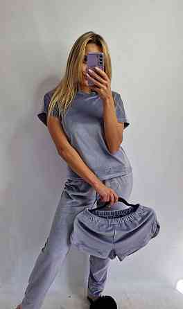 Піжама-комплект (футболка+шорти+штани) з плюшевого велюру Сірий L Харків