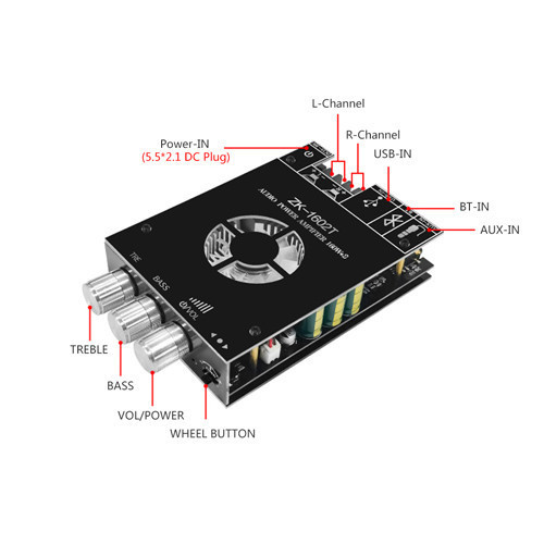 Аудіо підсилювач для колонок потужність звуку 2x160Вт Bluetooth 5.0 ZK-1602T TD5182A AUX USB Київ - фото 3