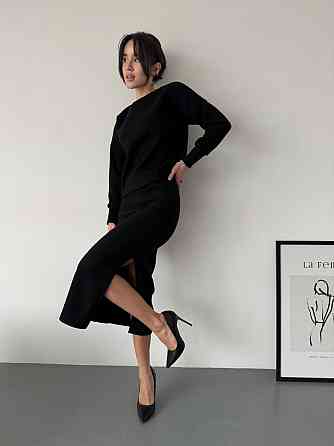 Женский стильный теплый костюм двойка с разрезом сбоку Черный, 50/52 Одесса