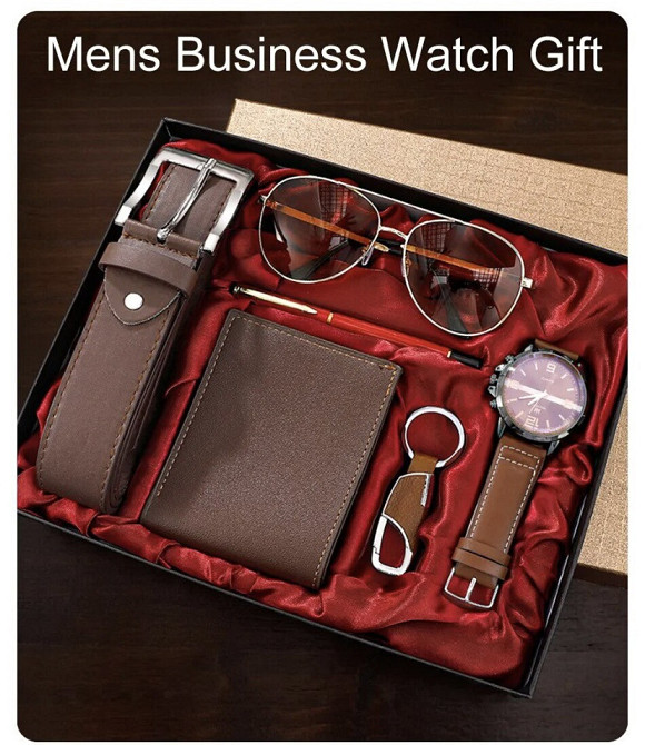 Подарочный набор для мужчин 6 в 1 (часы, очки, ручка, ремень, кошелек, брелок), коричневый, подарочная коробка Киев - изображение 1