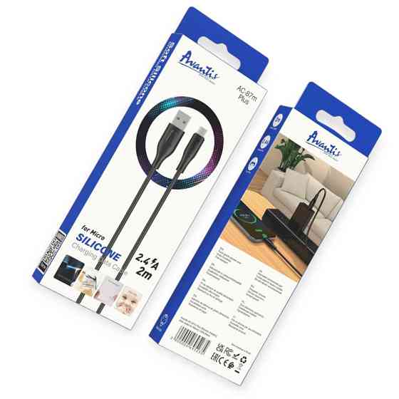 Кабель для зарядки Avantis USB - Micro USB, 2м, 2,4А черный, круглый силиконовая оплетка QC Мукачево