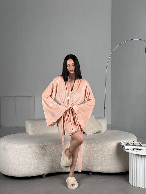 Женский домашний велюровый мини халат плюш велюр Персик, Oversize 42/46 Одесса - изображение 7