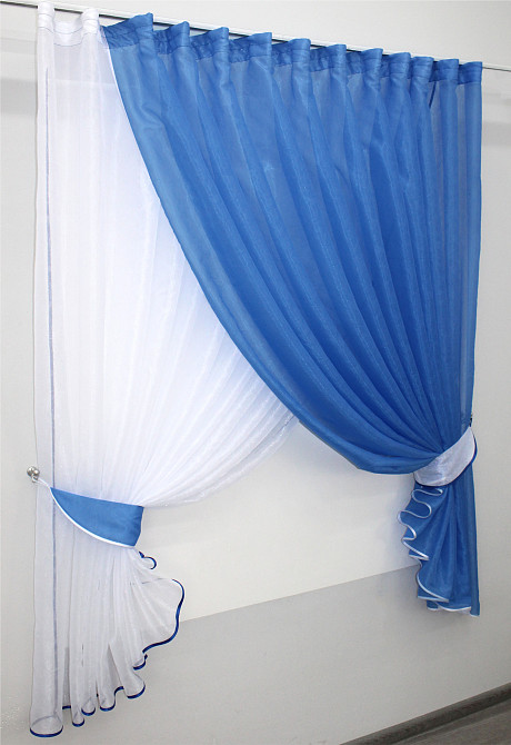 Кухонные шторки VR-Textil № 101к с подвязками голубой с белым 320х170 см (52-0417) Киев - изображение 2