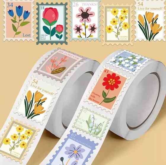 Наклейки марки с цветами 500 шт в рулоне, декоративные стикеры цветы Киев