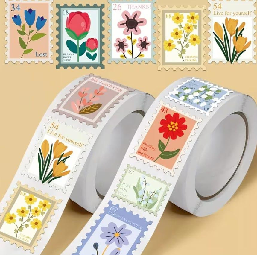 Наклейки марки с цветами 500 шт в рулоне, декоративные стикеры цветы Киев - изображение 1