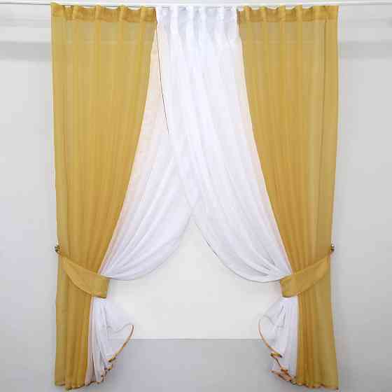 Кухонные шторки VR-Textil № 096к с подвязками золотистый с белым 400х170 см (52-0403) Киев