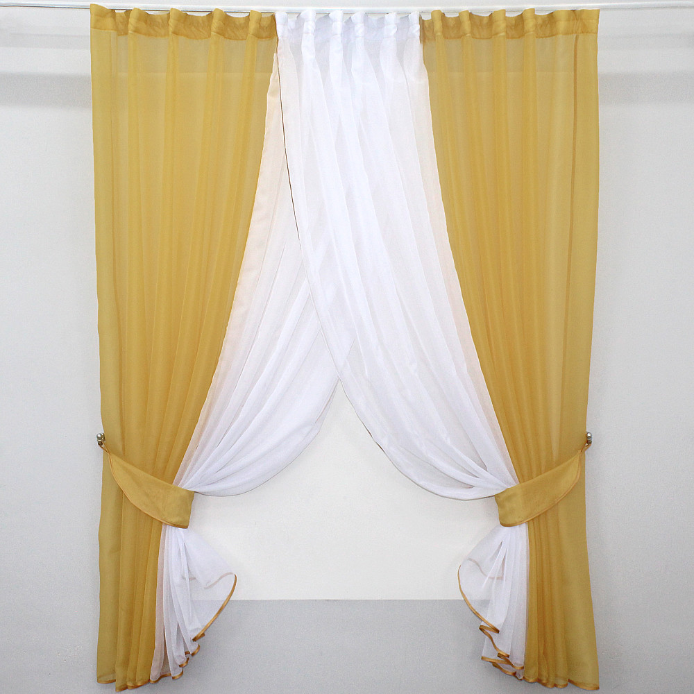 Кухонные шторки VR-Textil № 096к с подвязками золотистый с белым 400х170 см (52-0403) Киев - изображение 1