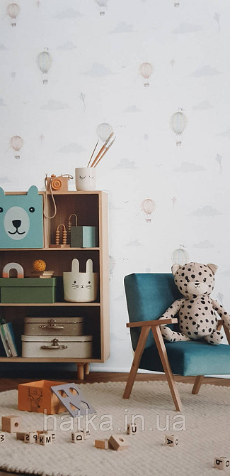 Шпалери флізелінові еко Rasch Kids World II 0.53х10 дитячі повітряні кулі хмари блакитні коричневі на білому Київ - фото 1