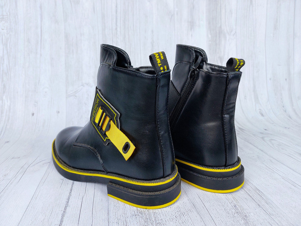 Детские демисезонные черные ботинки для девочек с желтыми вставками 32,35,36 Николаев - изображение 2