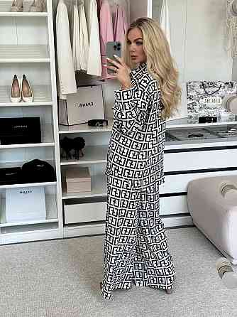 Жіночий легкий принтований костюм двійка: сорочка і штани з хустинкою сатин Одеса