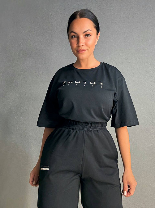 Костюм женский CAPPITONE 101183 с надписью футболка оверсайз и брюки палаццо черный, черный, M Киев - изображение 9