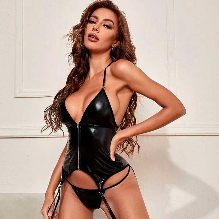Латексный корсет с трусиками и подвязками для чулок - Чёрный - XS/S – Эротическое бельё Винница - изображение 1