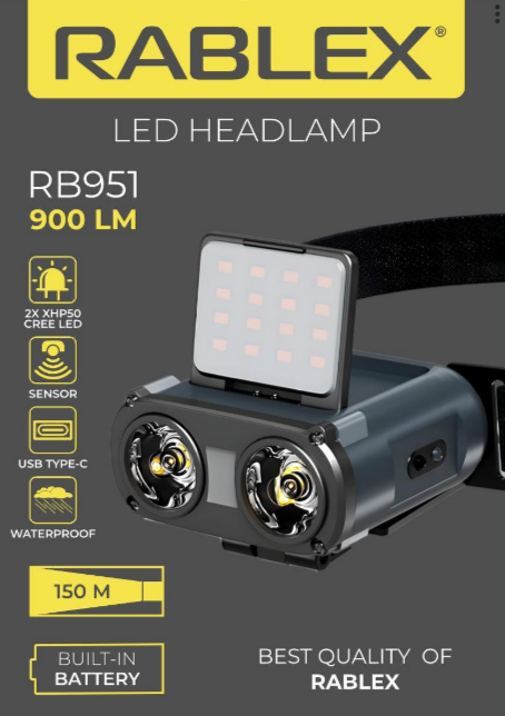 Налобний ліхтар Rablex RB951, червоний+білий світло, 2хXPL+16хCOB+1хRED COB, акум, Type-C Дніпро - фото 8