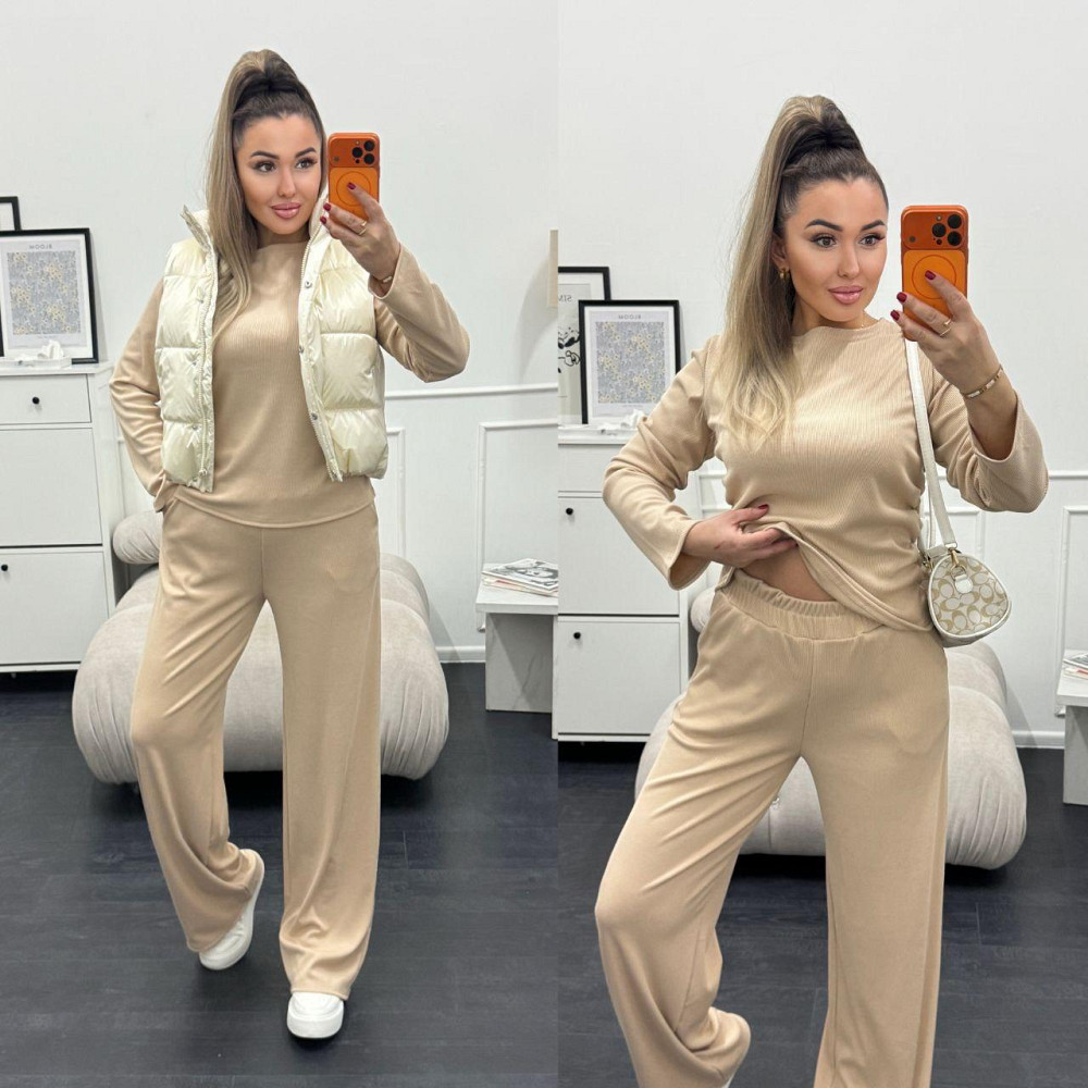 Жіночий базовий костюм-двійка: лонгслів і штани трикотажний рубчик Кремовий, 50/52 Одеса - фото 1