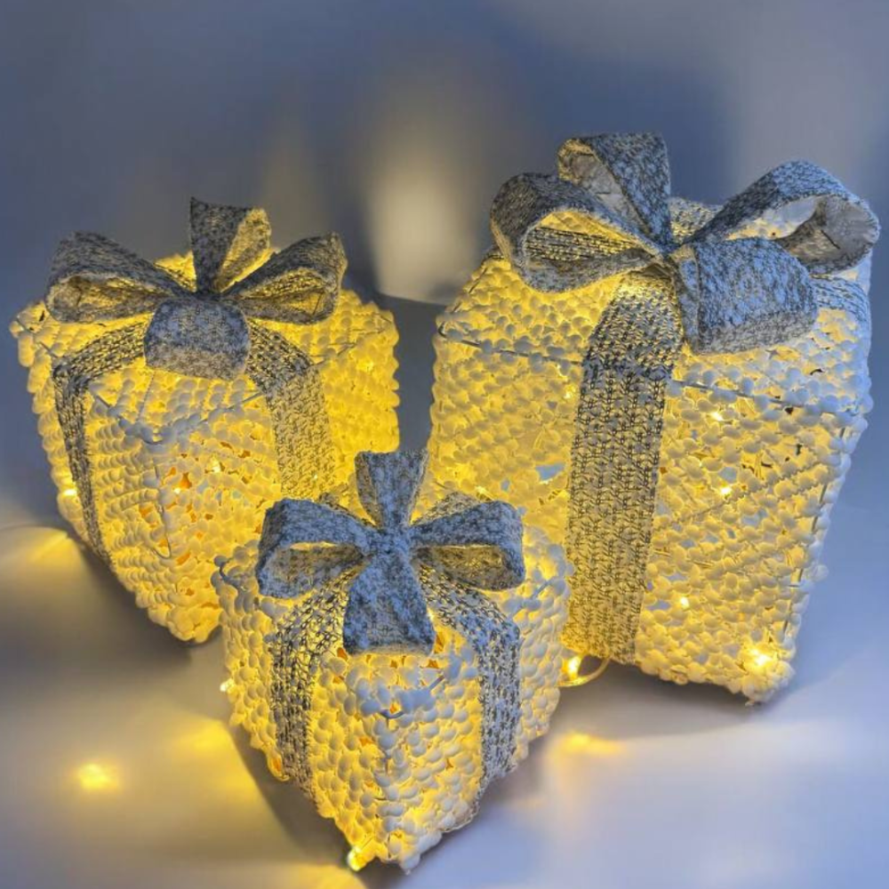 Новогодний декор LED подарки Niki light набор 3 белые коробочки с серебряным бантом Теплый Белый Киев - изображение 1