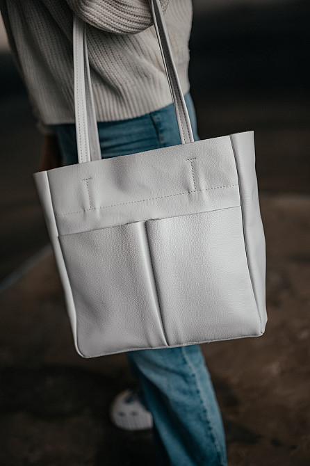 Сумка тоут кожаная большая женская Юта Белая 28*30*12 см, сумка шопер бела стильная с карманамиMasterSem Киев - изображение 6