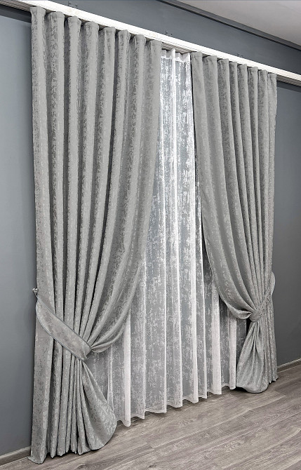 Комплект штор VR-Textil Льон Мармур 150х270 2шт і Тюль 600х270 1263ш-1400т Світло-сірий з білим 71-133/5 Київ - фото 2