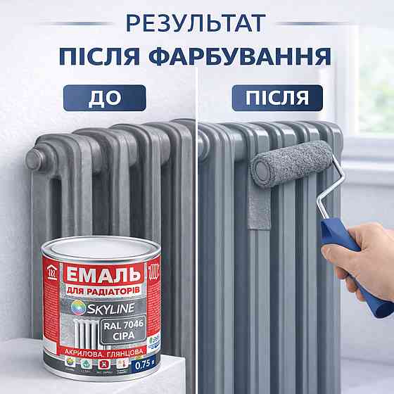 Акрилова емаль для радіаторів і труб опалення SkyLine, глянцева, термостійка, без запаху, сіра, 750 мл Харків