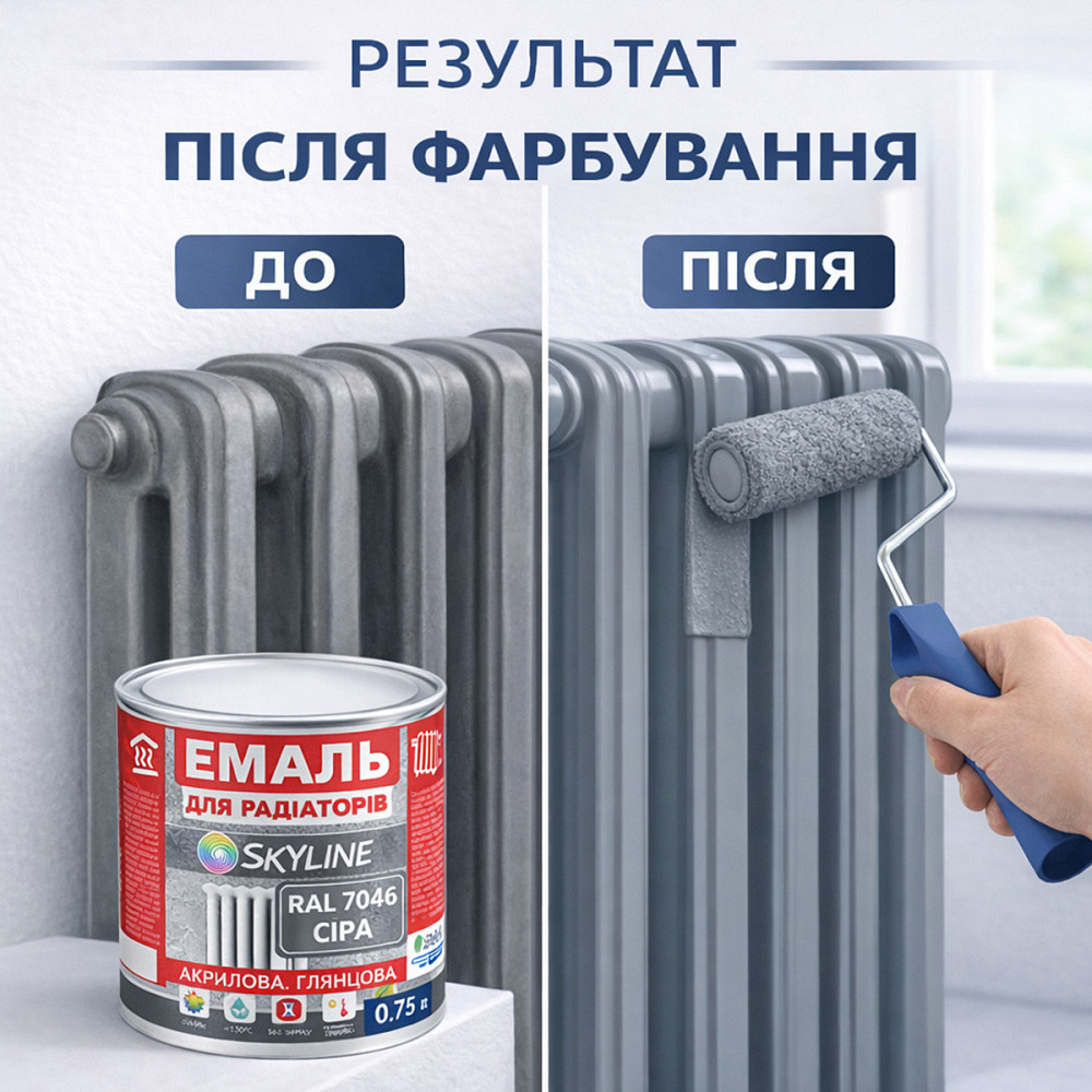 Акрилова емаль для радіаторів і труб опалення SkyLine, глянцева, термостійка, без запаху, сіра, 750 мл Харків - фото 4