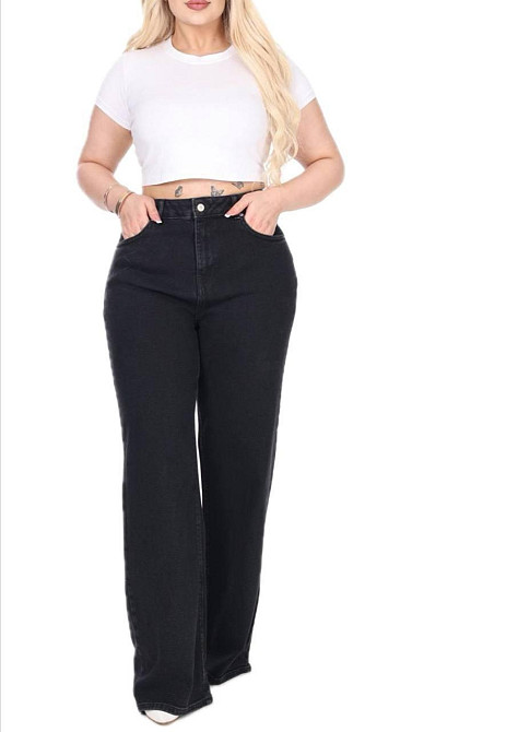 Женские черные джинсы батал широкого кроя с высокой посадкой 46 Одесса - изображение 1