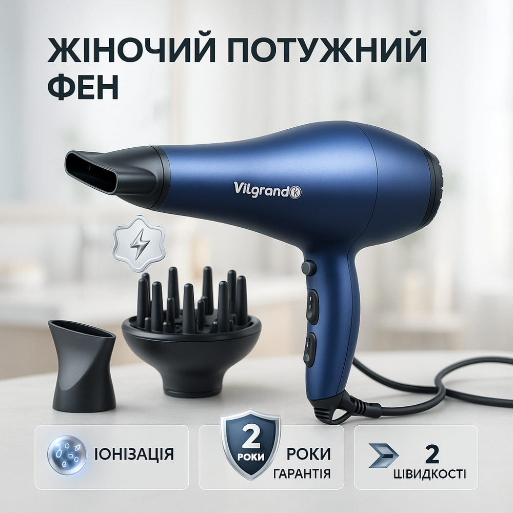 Фен для укладки средних волос VILGRAND VHD 2424TI 2400 Вт, Электрический фен для волос с диффузором TS-13 Львов - изображение 16