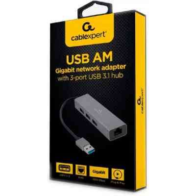 Адаптер USB-A to Gigabit Ethernet, 3 Ports USB 3.1 Gen1 Cablexpert (A-AMU3-LAN-01) Вінниця