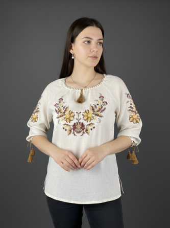 Льняная вышиванка с Петриковским орнаментом в коричневых тонах. 52 Киев