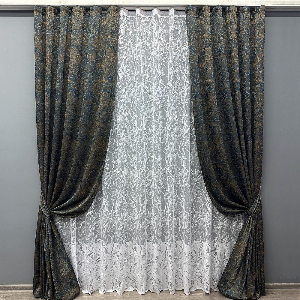 Комплект штор VR-Textil Жаккард Fantasy 100х270 2шт и Тюль 400х270 1634ш-1783т Синий с белым 71-049/2 Киев - изображение 1