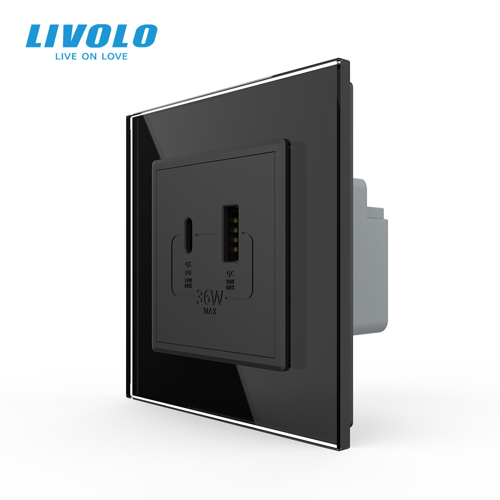 Розетка USB-A та USB-C з Power Delivery 36W Livolo чорний скло (VL-C7FCUA18W.UC18W-2BP) Коломыя - изображение 7