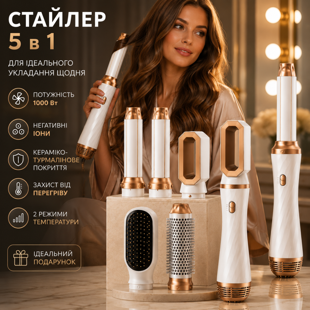 Стайлер для волос 5 в 1 с феном 1000 Вт, керамико-турмалиновое покрытие, отрицательные ионы, круглая щётка, плойка, Gold Киев - изображение 9