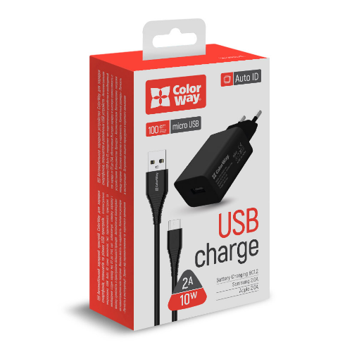 Зарядний пристрій мережевий USB + кабель MicroUSB 2,4A 10W чорний ColorWay CW-CHS012CM-BK Житомир