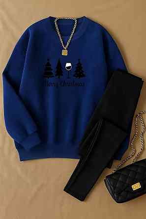 Жіночий теплий костюм-двійка з новорічним принтом двосторонній фліс + дайвінг на флісі Темно-синій, 46/48 Одеса