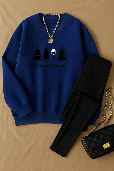 Жіночий теплий костюм-двійка з новорічним принтом двосторонній фліс + дайвінг на флісі Темно-синій, 46/48 Одеса - фото 1