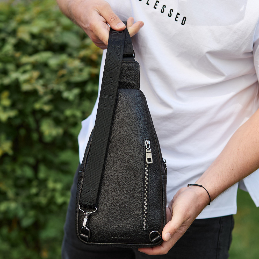 Сумка-слинг мужская через плече 19х31х7, нагрудная сумочка рюкзак из натуральной кожи TIDING BAG 32545 черная Киев - изображение 4