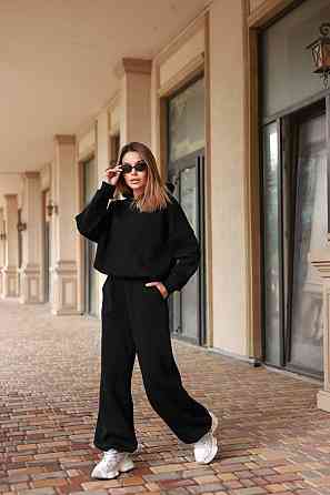 Костюм oversize турецкая трехнить на флисе, худые и широкие брюки, черный, размер 42/46 Лубны