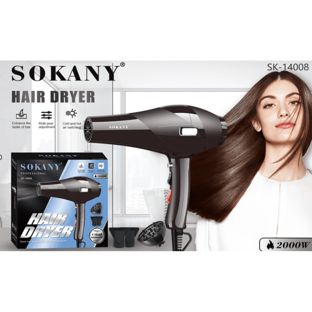 Професійний фен SK-14008, 2000 Вт, 2 швидкості та 2 температури, підвісна петля, ефективне сушіння волосся Одеса - фото 1