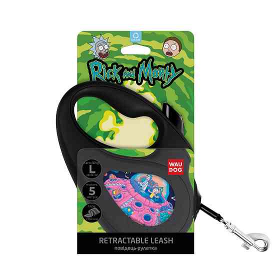 Повідець-рулетка для собак WAUDOG R-leash, малюнок "Рік і Морті 1", L, до 50 кг, 5 м, світловідбивна стрічка Вінниця