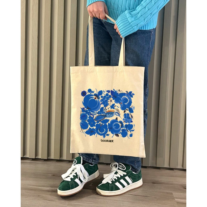 Екошопер BookOpt BK4001 Петриківський розпис Сині квіти бежевий Київ - фото 10