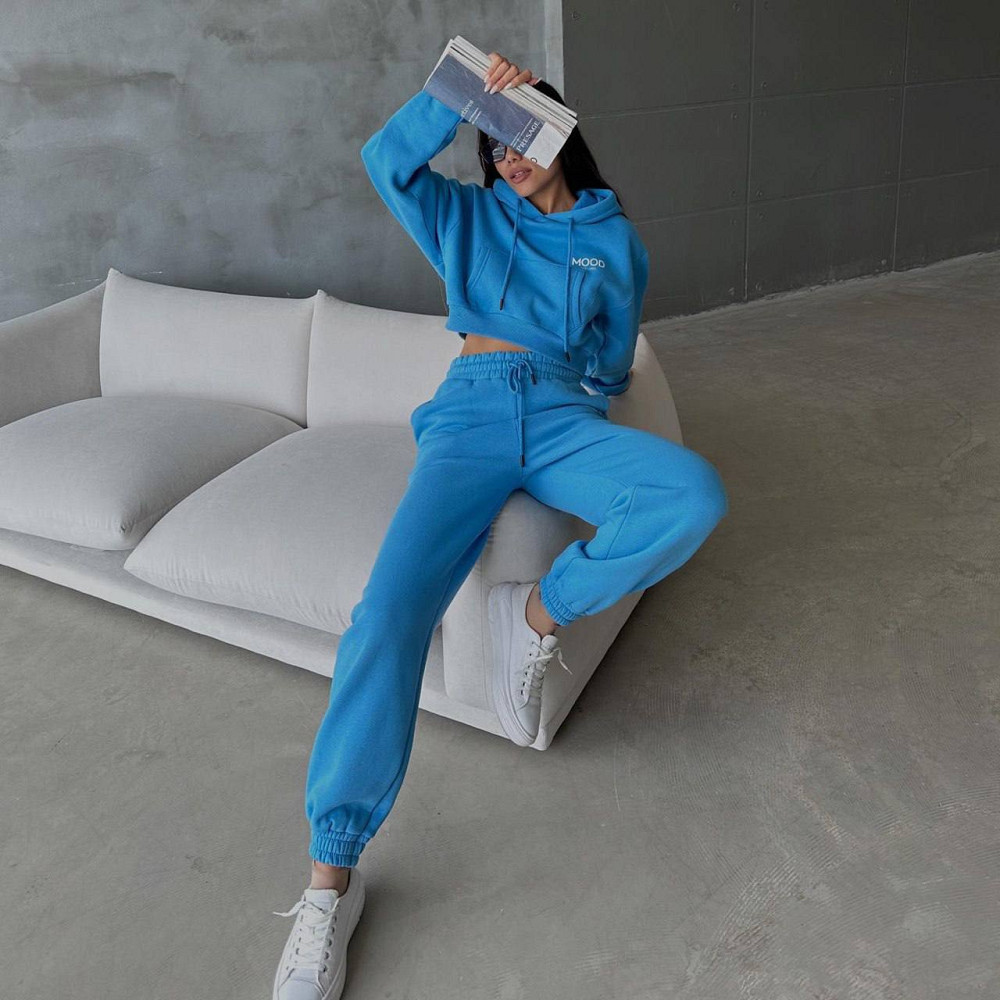 Костюм женский Quzen 493-497 укороченное худи с капюшоном MOOD брюки резинка утепленный синий, синий, L Киев - изображение 18