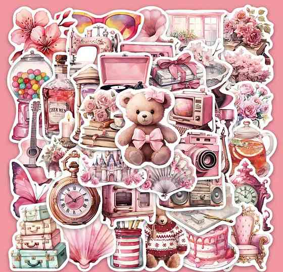 Набор розовых винтажных наклеек 60 шт – декоративные стикеры Киев