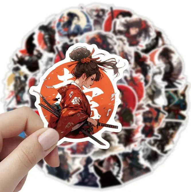 Наклейки дівчина самурай. Наклейки на мотоцикл, велосипед, для комп'ютера, ноутбука, набір 50 шт. Київ - фото 4