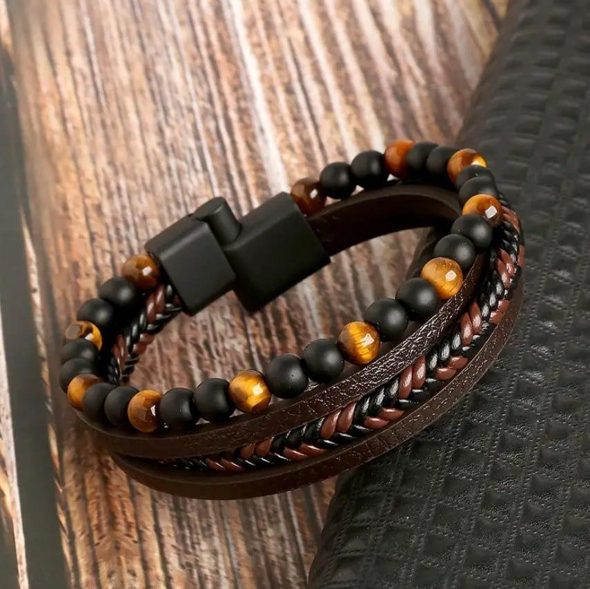 Мужской многослойный браслет с тигровым глазом и чёрными бусинами, кожаные ремешки, магнитная застёжка, 21 см Киев - изображение 4