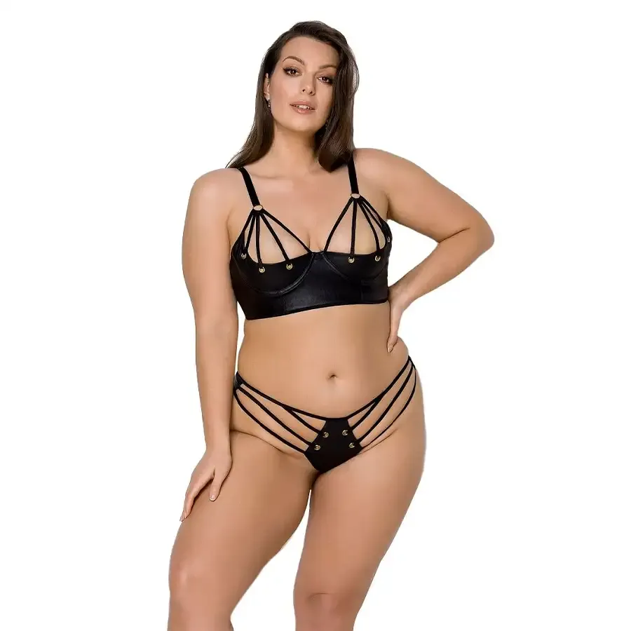 Комплект з екошкіри Passion MALWIA BIKINI 4XL/5XL black, з люверсами та ремінцями, бра, трусики Львов - изображение 1