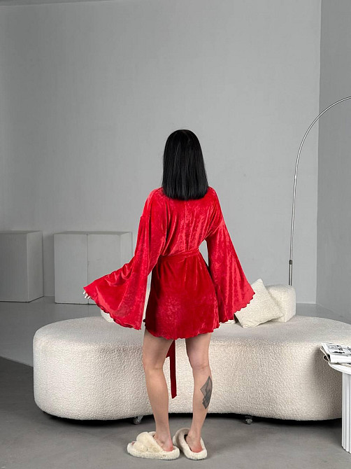 Женский домашний велюровый мини халат плюш велюр Красный, 48/52 Одесса - изображение 4