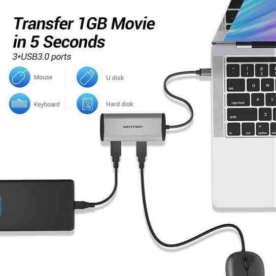 Концентратор Vention USB-C 3-Port, RJ-45, PD, 0.15 м (TGDHB) сріблястий з чорним Харків