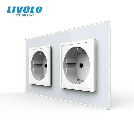 LIVOLO Подвійна електрична розетка з заземленням LIVOLO, біла, скляна рамка, шторки, 250В 16А ( Коломия