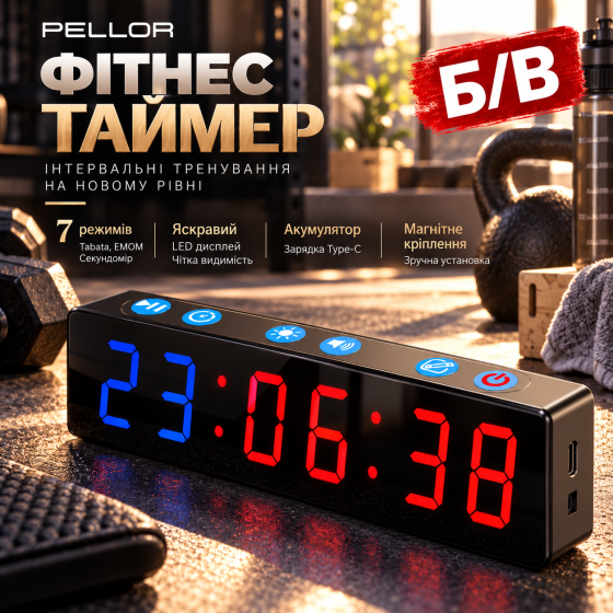 Б/В Фітнес-таймер PELLOR, LED інтервальний таймер, 7 режимів, Tabata, EMOM, секундомір, акумулятор, Type-C, магніт, чорний Київ