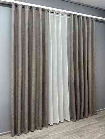 Комплект штор VR-Textil Лен Мешковина 150х270 2шт и Тюль 400х270 1769ш-115т Серый с белым 71-029/3 Киев