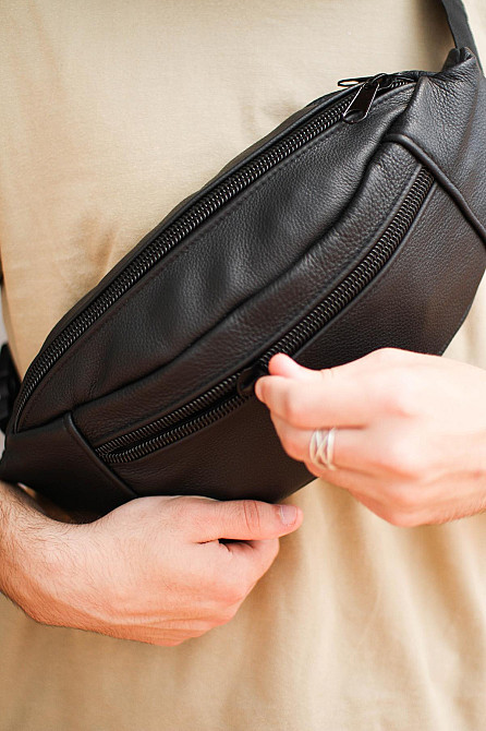 Кожаная мужская бананка, поясная сумка SL003 (Черная) Сумы - изображение 3